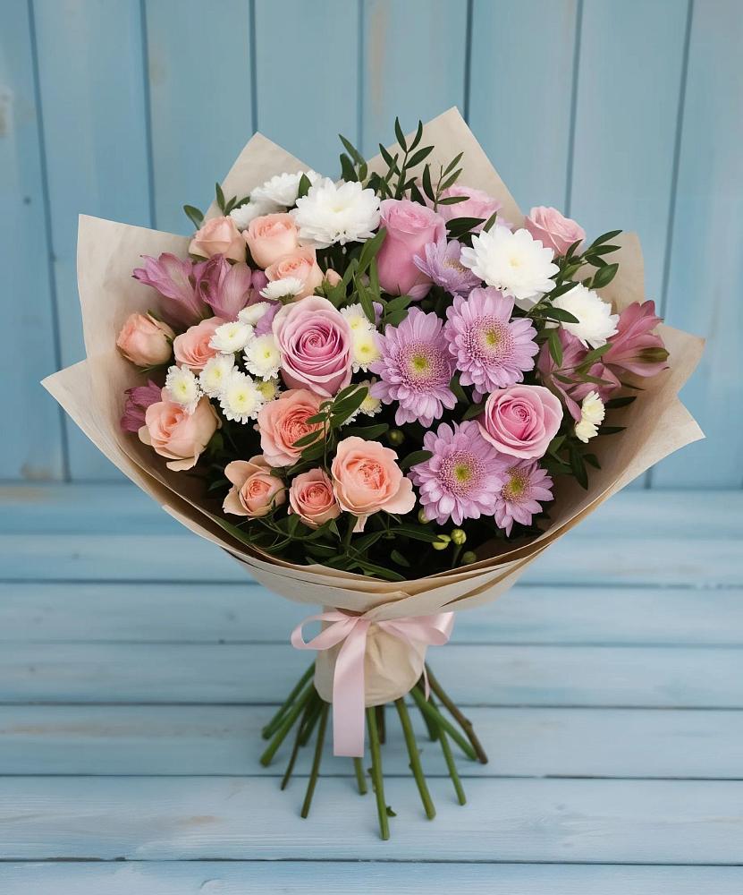 Букет цветов из: Хризантемы, Розы и Альстромерии в Лычково