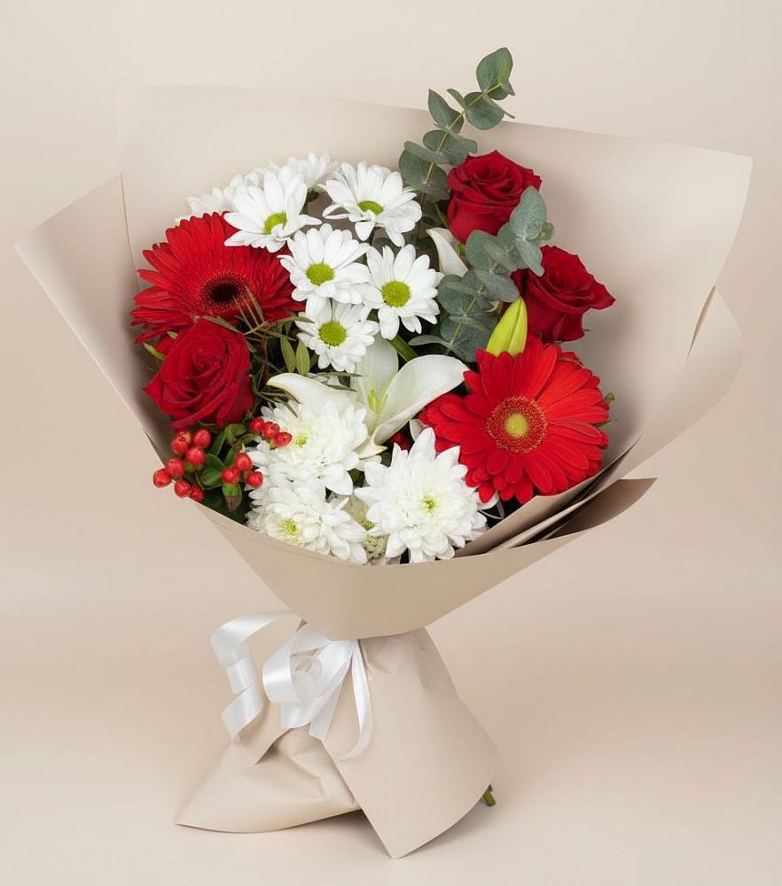 Букет цветов из: Розы, Хризантемы, Герберы и Лилии в Лычково