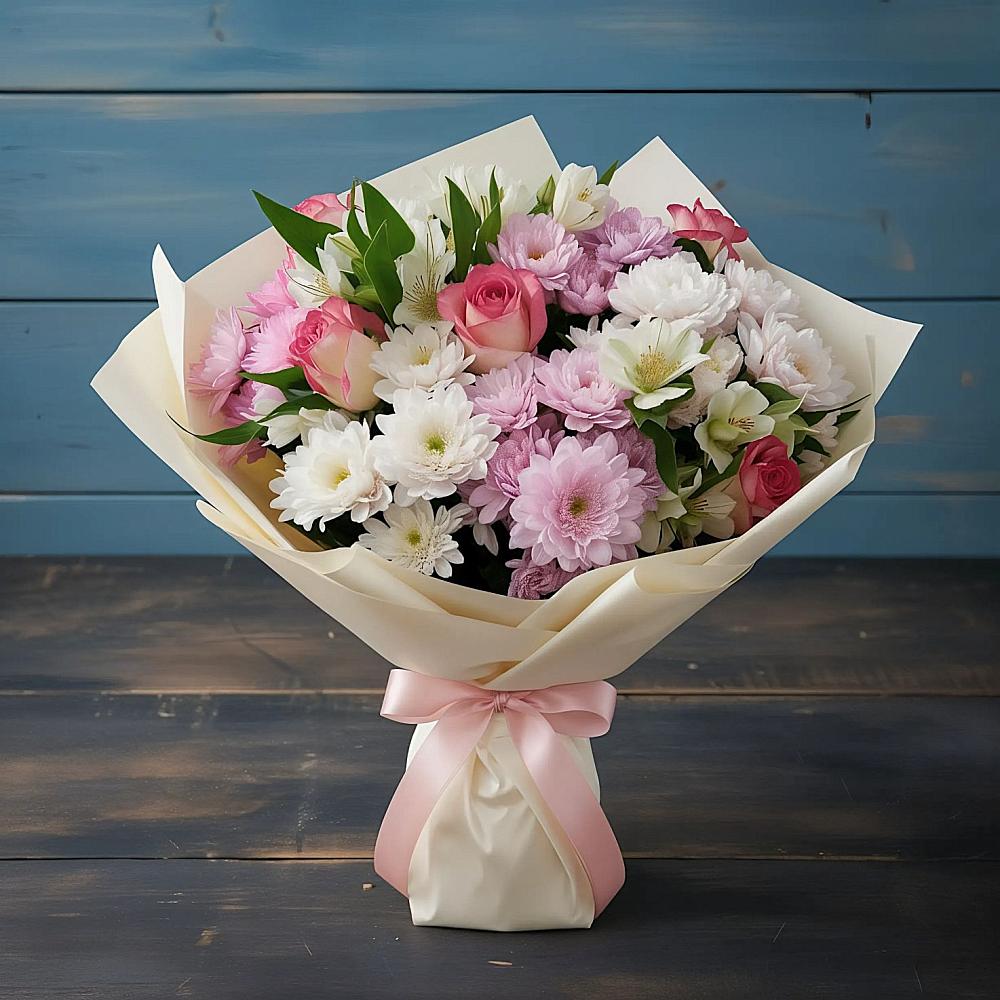 Букет цветов из: Хризантемы, Альстромерии и Розы в Лычково